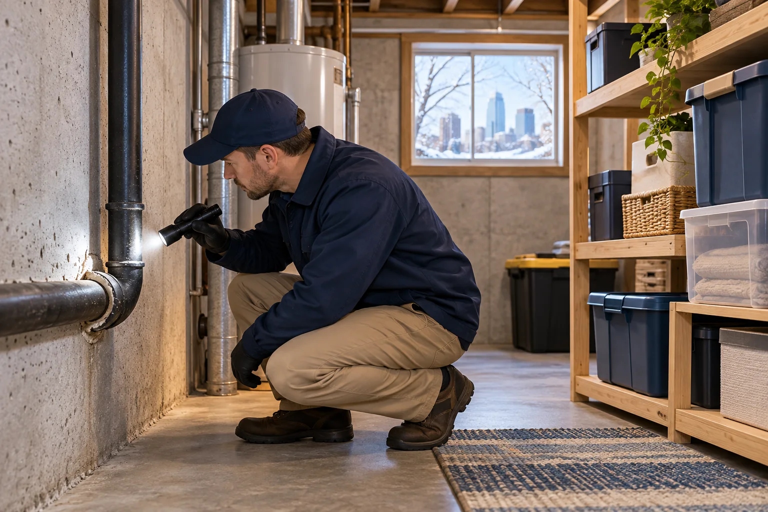 AI-generated illustration of a technician examining a basement pipe penetration and organized storage shelf