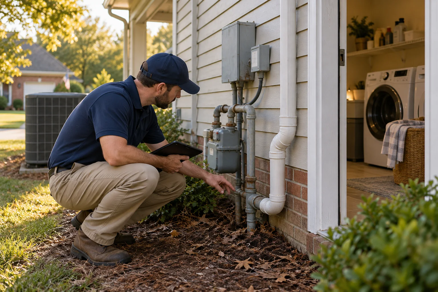 AI-generated illustration of a technician inspecting exterior utility pipes beside a laundry-room wall