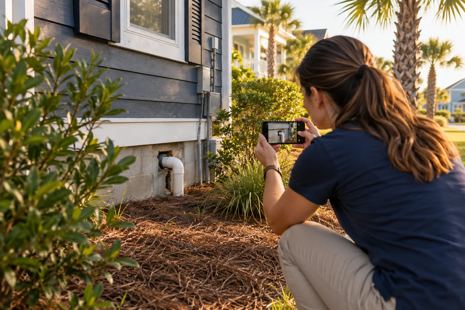 Illustration of a homeowner photographing a utility pipe gap from a safe distance outside a house