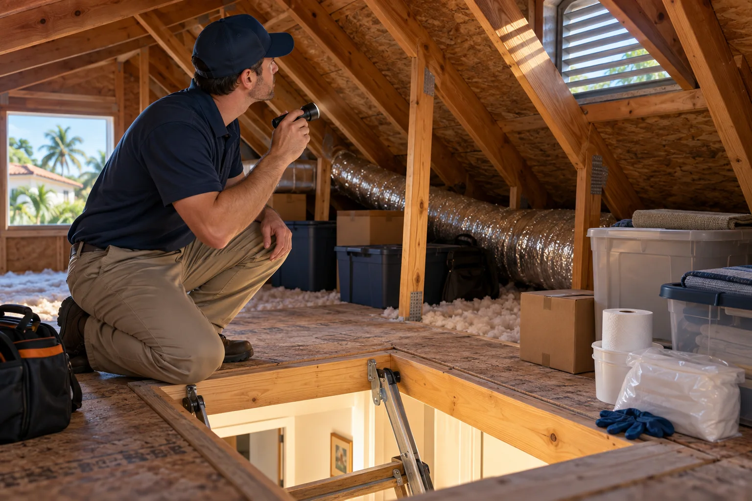 AI-generated illustration of a technician inspecting safe attic access, stored boxes, and a roof vent