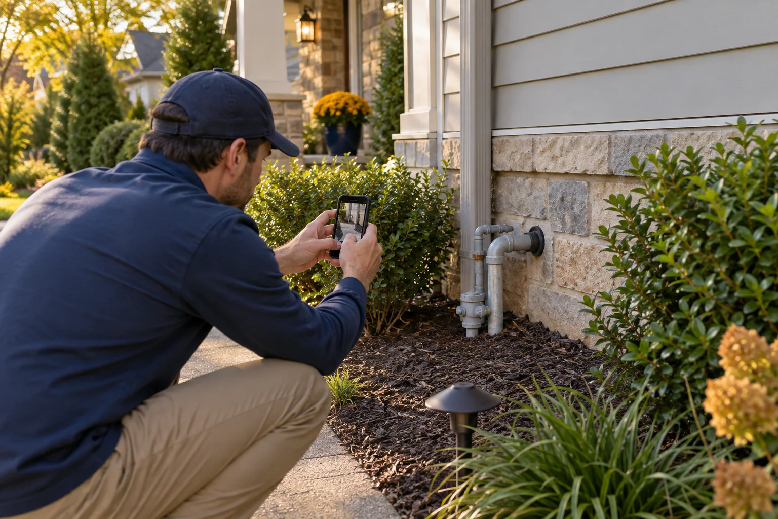 Illustration of a homeowner photographing a utility pipe gap from a safe distance outside a house