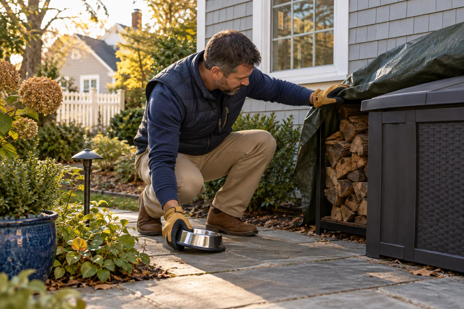Illustration of a homeowner removing an outdoor pet bowl and inspecting a woodpile beside a covered bin