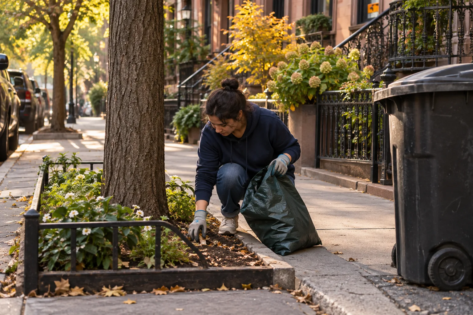 Illustration of a resident cleaning a street tree bed near a curbside garbage container