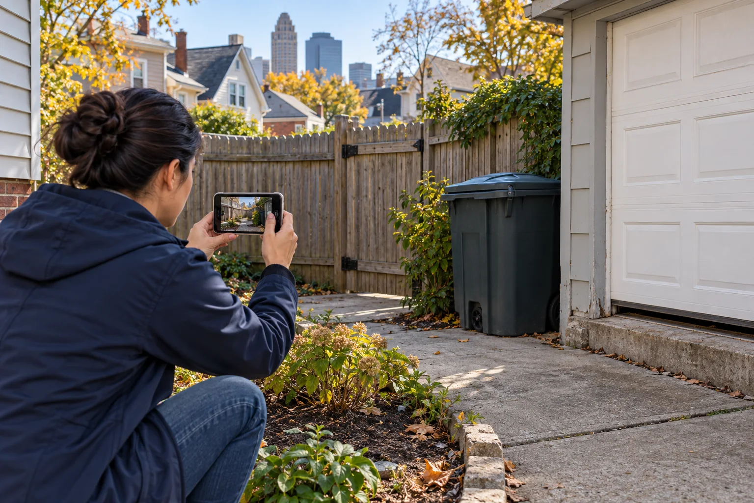 AI-generated illustration of a resident documenting a rear-yard fence, covered bin, and garage threshold