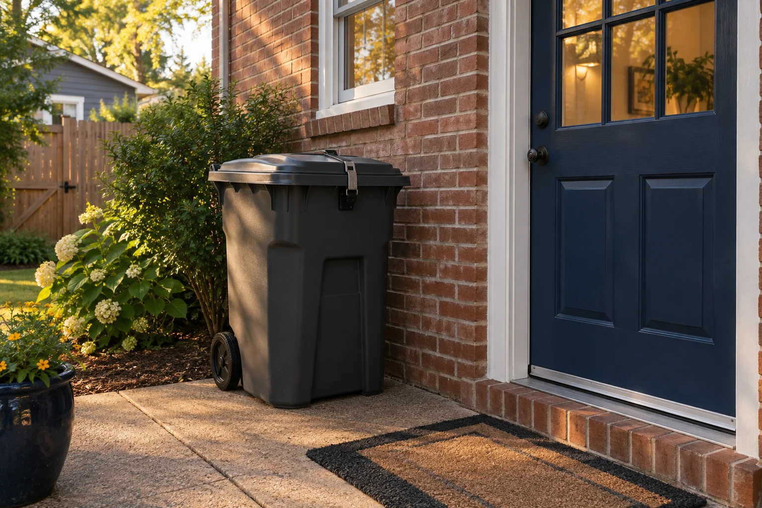 Illustration of a secured refuse bin beside a brick residential back door and an intact door sweep