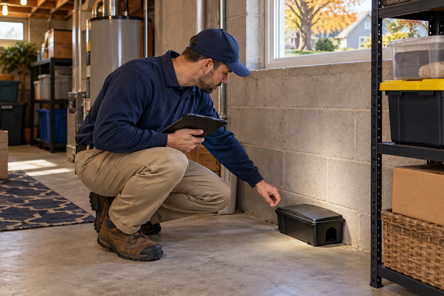 AI-generated illustration of a technician inspecting a basement storage wall and secured monitoring location