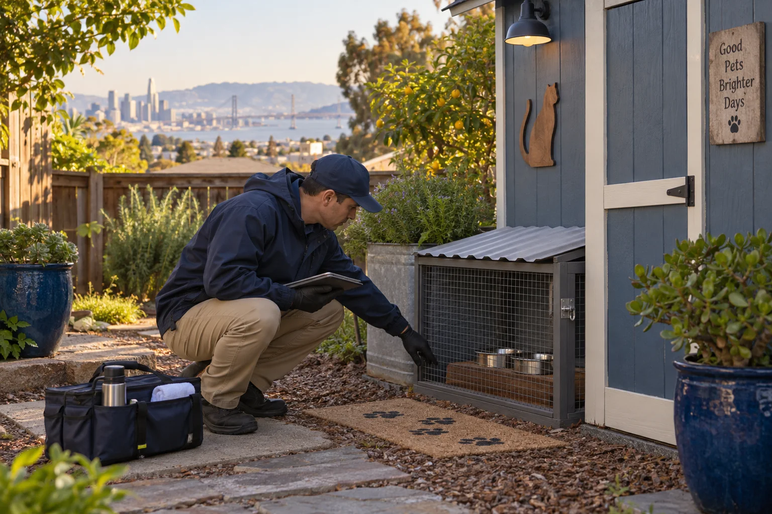 AI-generated illustration of a technician inspecting a secured pet-feeding area beside a small shed