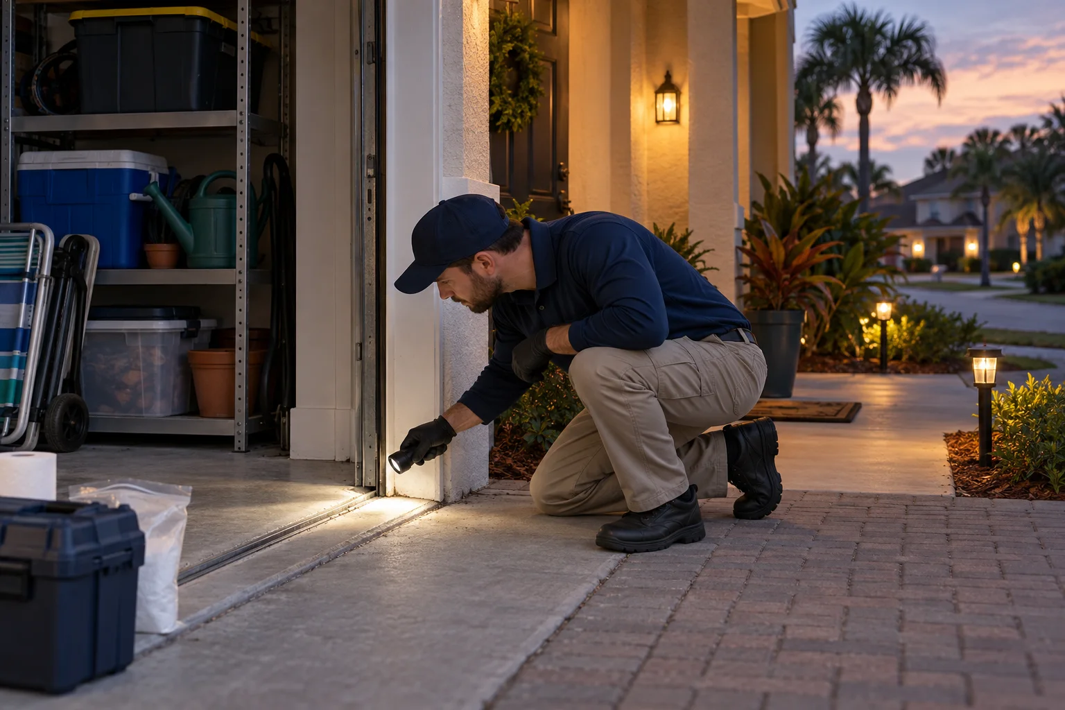 AI-generated illustration of a technician inspecting a garage threshold and porch storage after an evening sighting