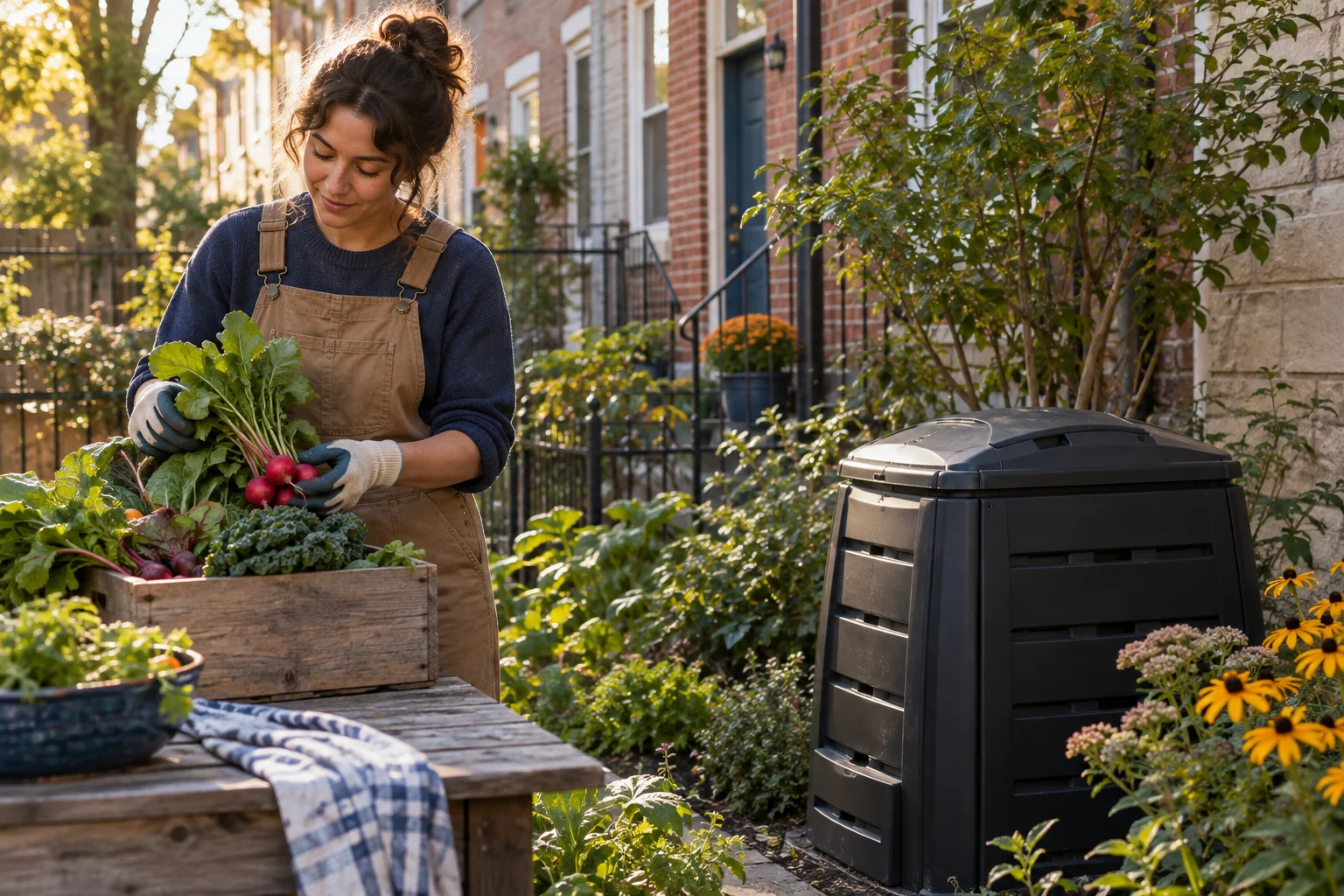 Illustration of a gardener securing harvested produce beside a closed compost container