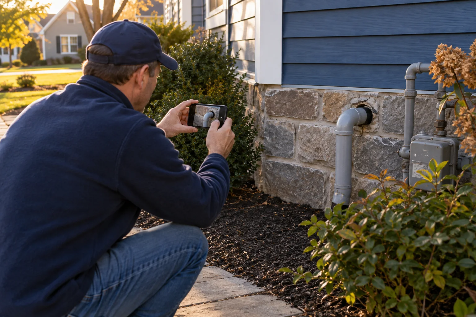 Illustration of a homeowner photographing a utility pipe gap from a safe distance outside a house