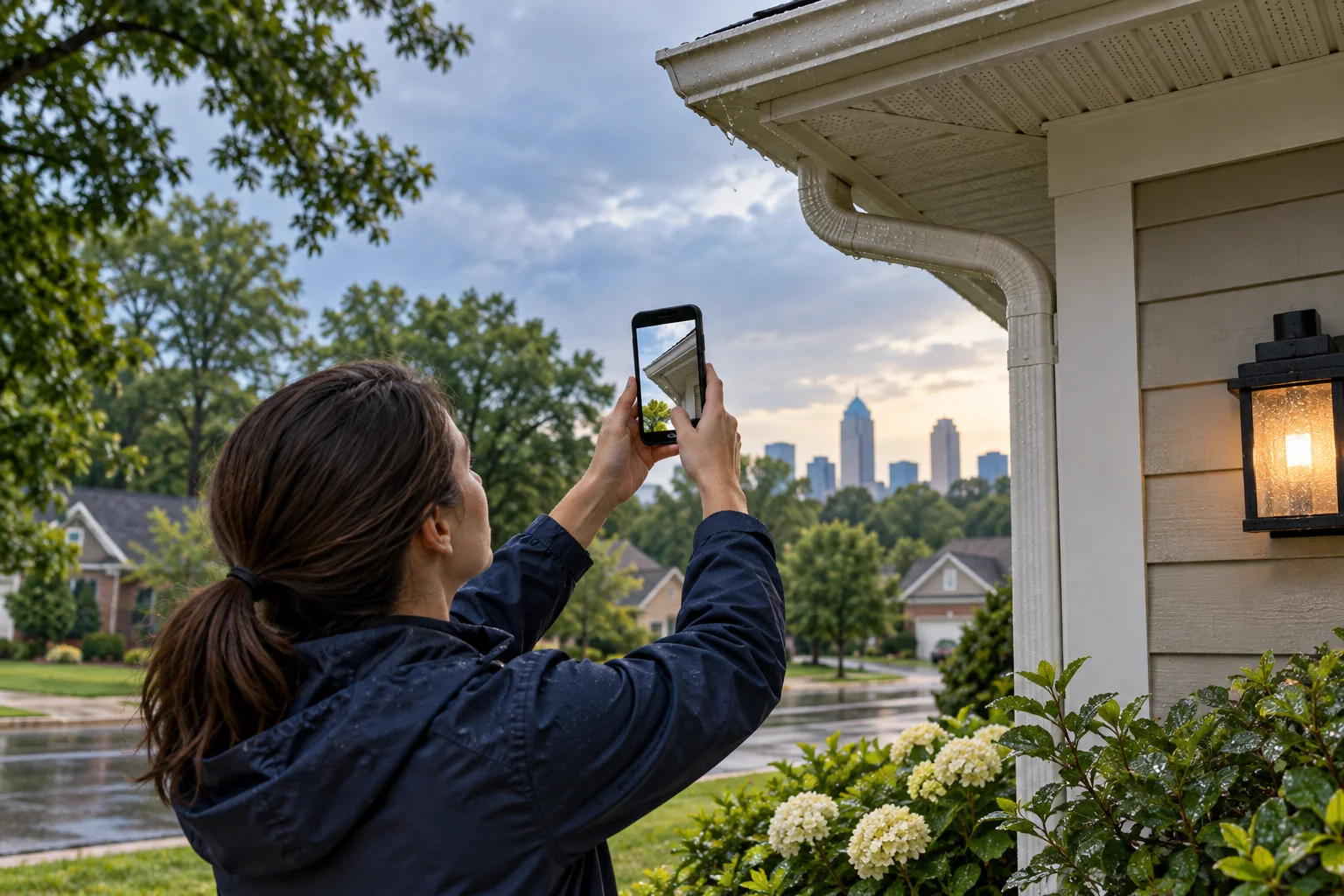 AI-generated illustration of a homeowner documenting a soffit and gutter from the ground after a rainstorm