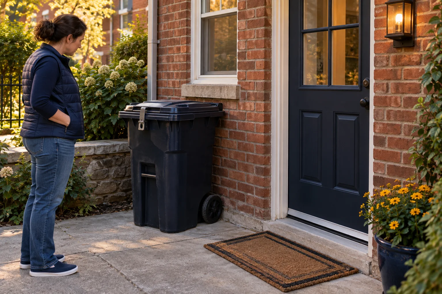 Illustration of a secured refuse bin beside a brick residential back door and an intact door sweep