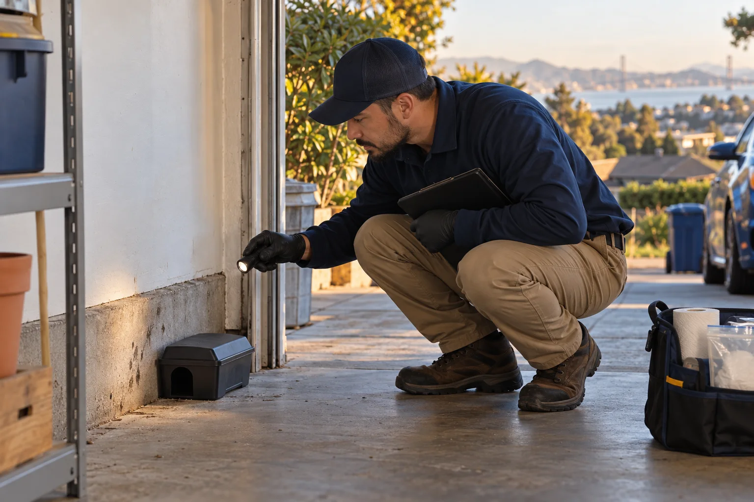 AI-generated illustration of a technician examining fresh marks along a garage wall near protected trap placement