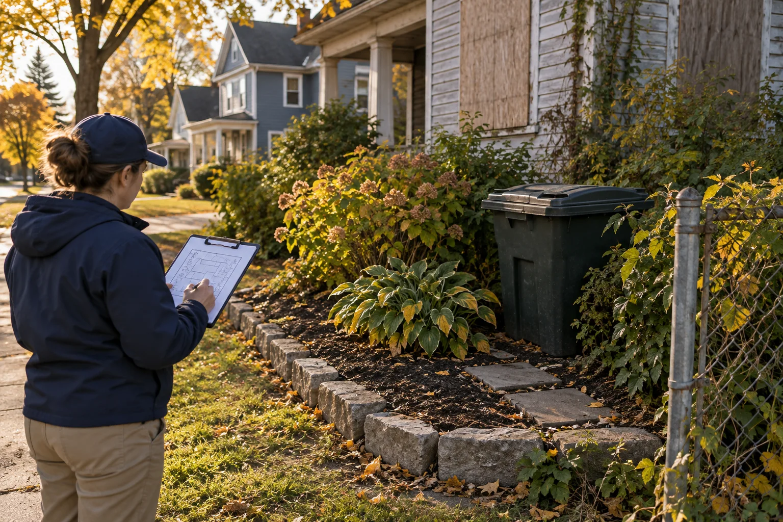 Illustration of a resident mapping a garden edge, covered refuse bin, and boundary near a vacant house