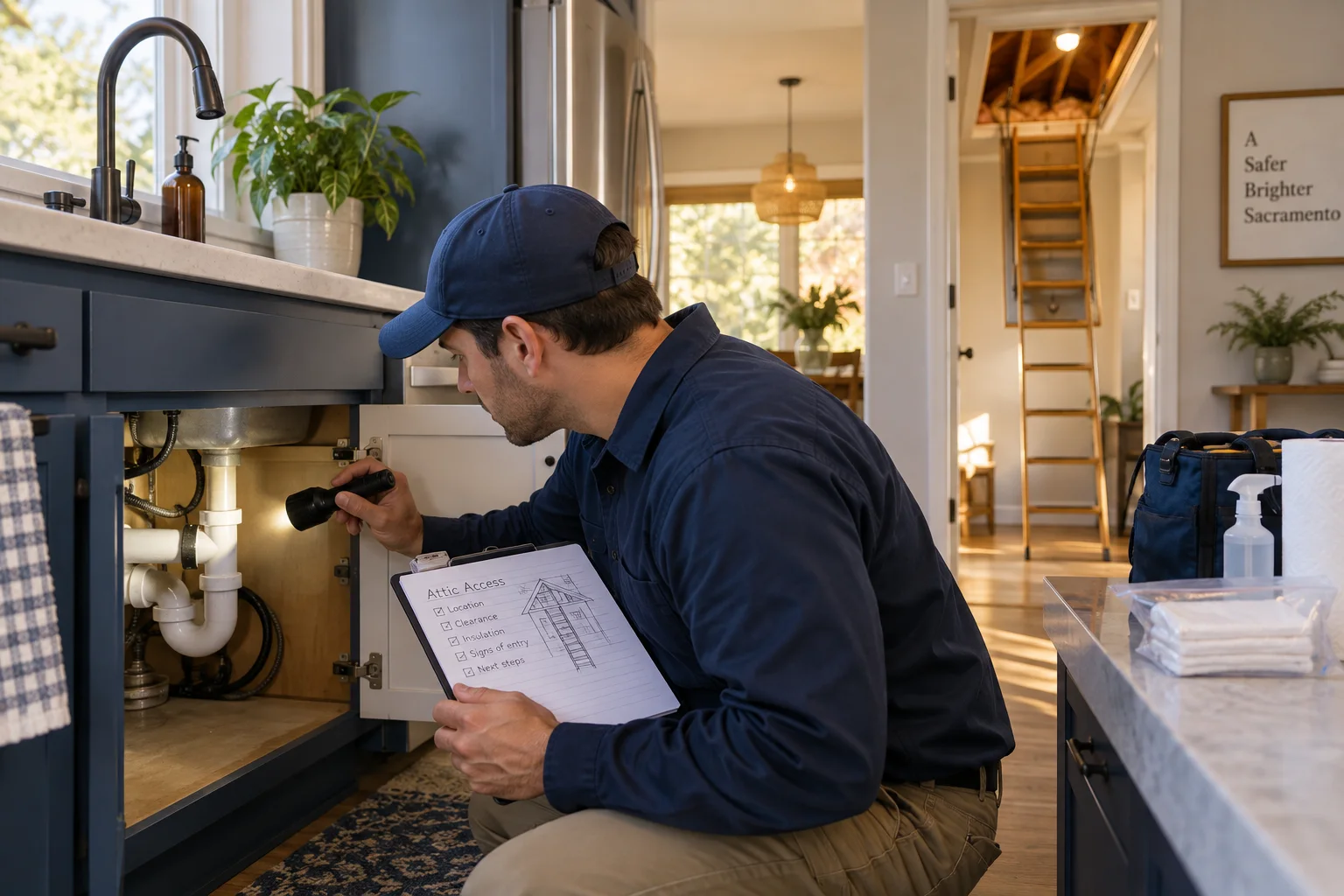 AI-generated illustration of a technician inspecting under-sink pipe gaps and reviewing attic-access notes