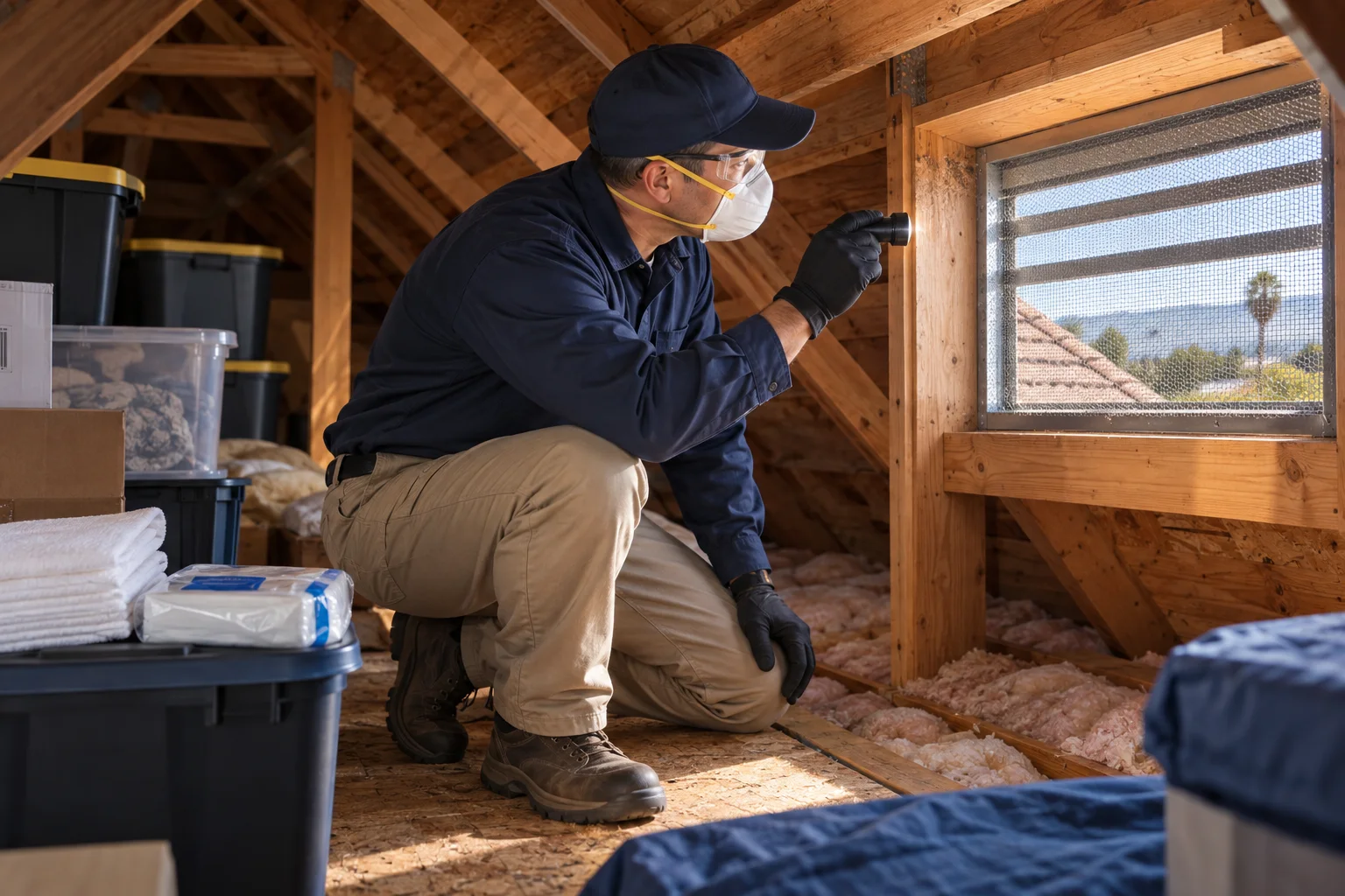 AI-generated illustration of a technician safely assessing attic storage and a screened roof vent