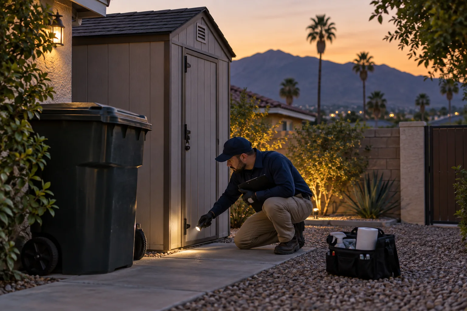 AI-generated illustration of a technician inspecting a secured refuse bin and shed perimeter at dusk
