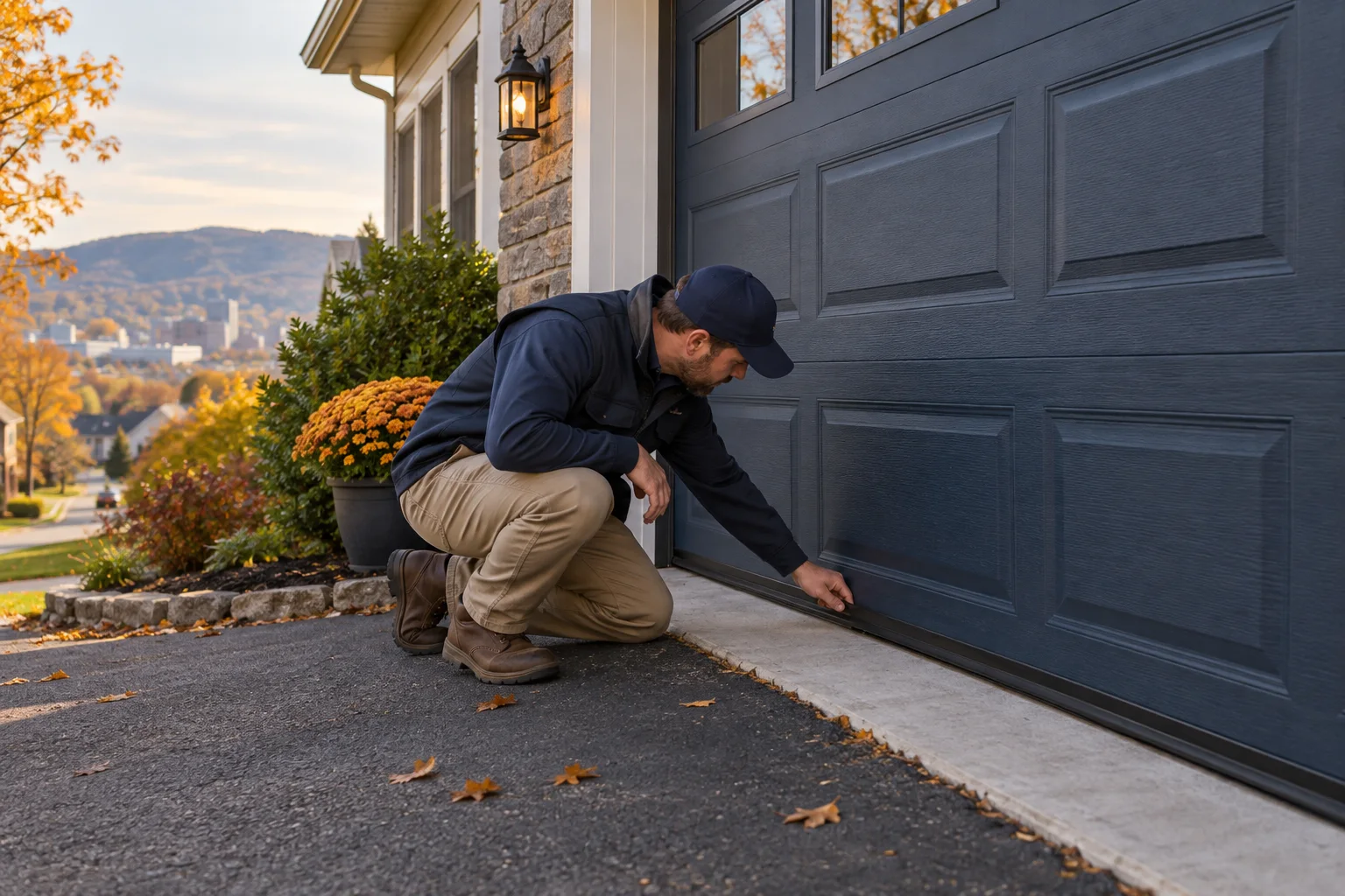 Illustration of a calm exterior inspection of a garage door weather seal