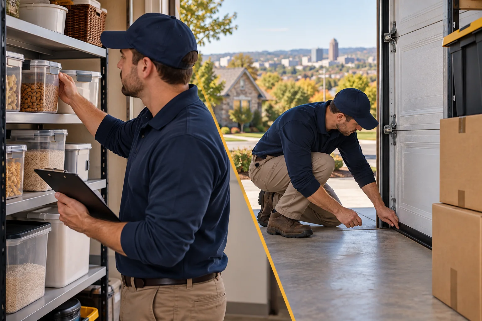 AI-generated illustration of a technician checking sealed food storage and a garage door sweep beside stacked boxes