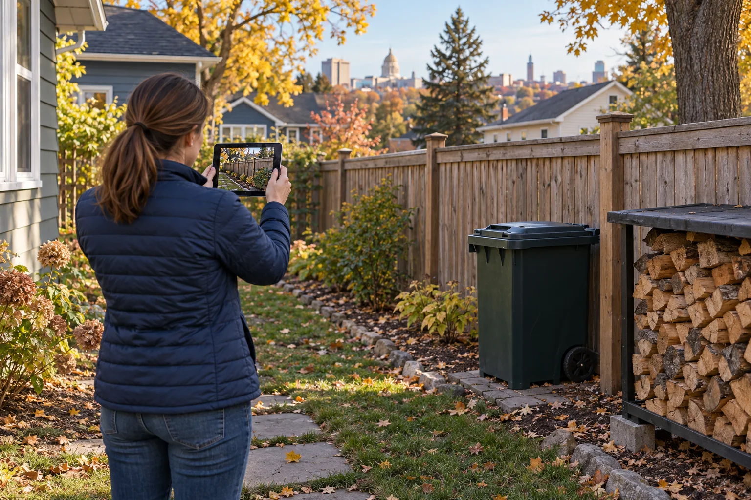 AI-generated illustration of a homeowner documenting a rear-yard fence line, secured bin, and stacked firewood