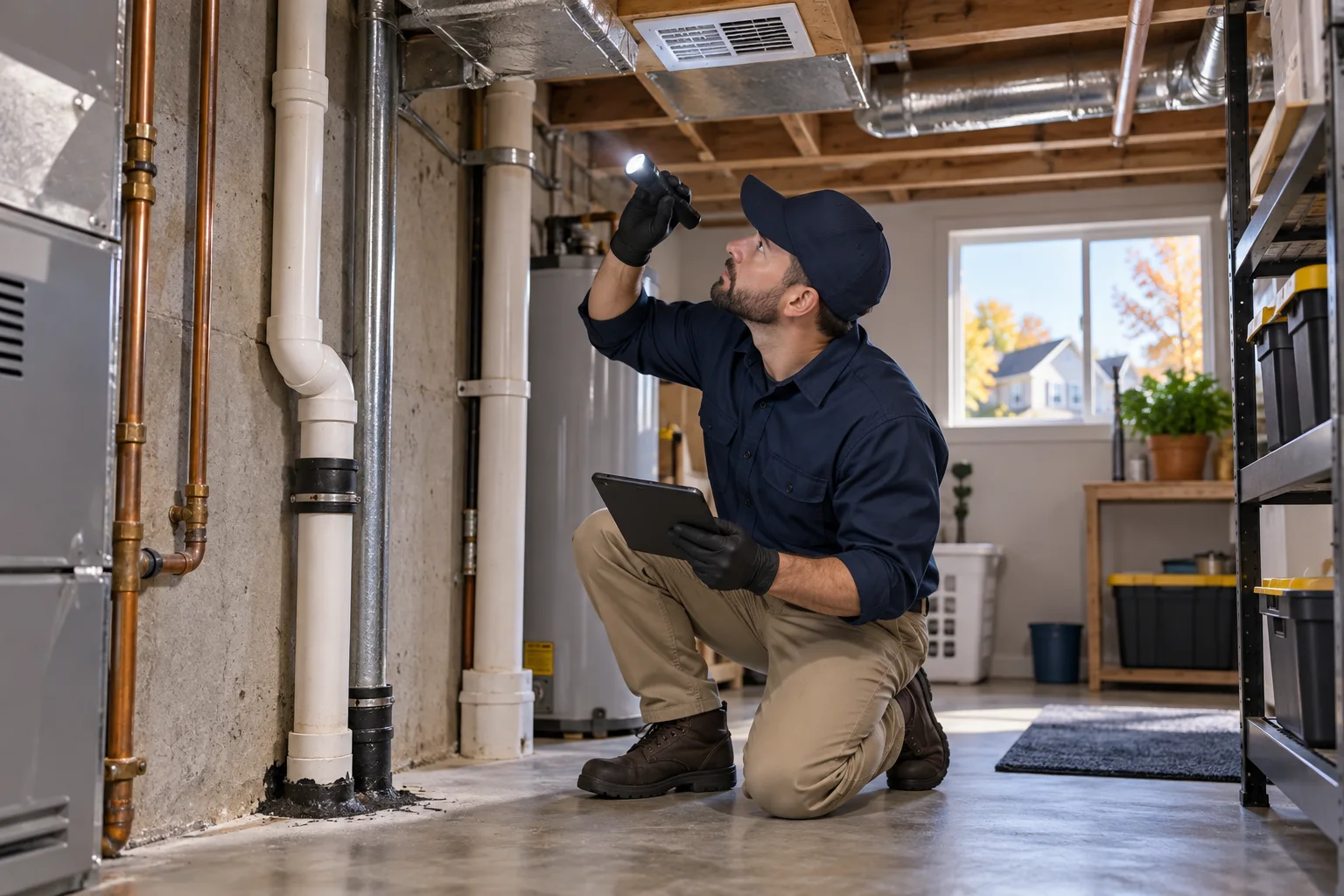 AI-generated illustration of a technician examining utility-room pipe entries and a ceiling vent