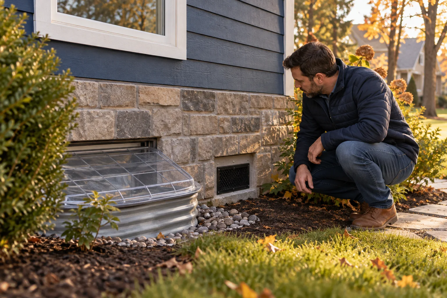 Illustration of a homeowner inspecting a protected basement window well and low foundation opening