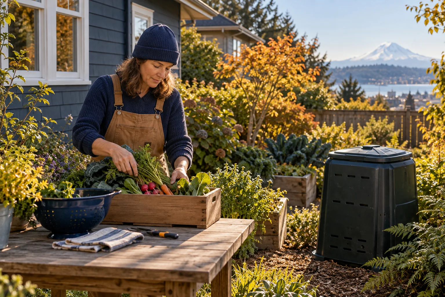 Illustration of a gardener securing harvested produce beside a closed compost container