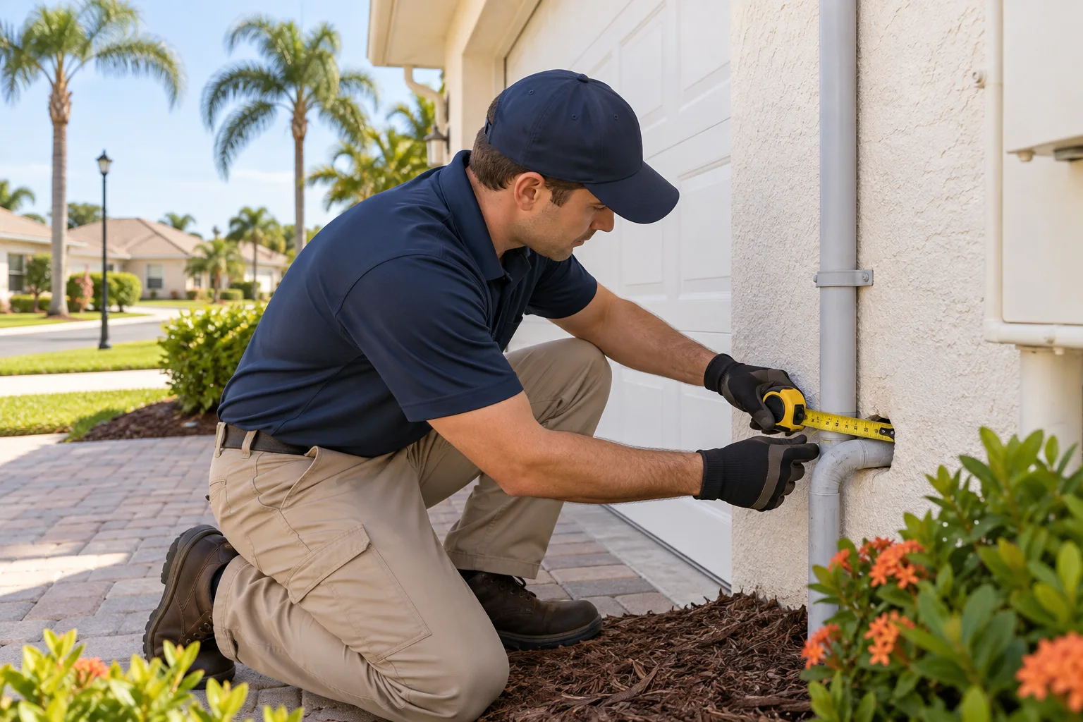 AI-generated illustration of a technician measuring an exterior pipe gap beside a garage wall