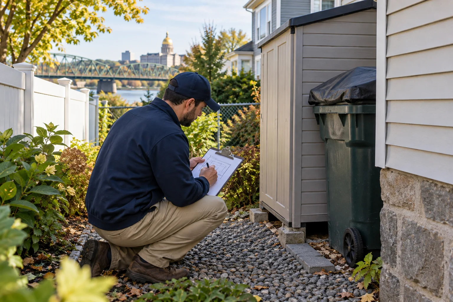 AI-generated illustration of a resident mapping a side-yard opening near a storage area and covered refuse container