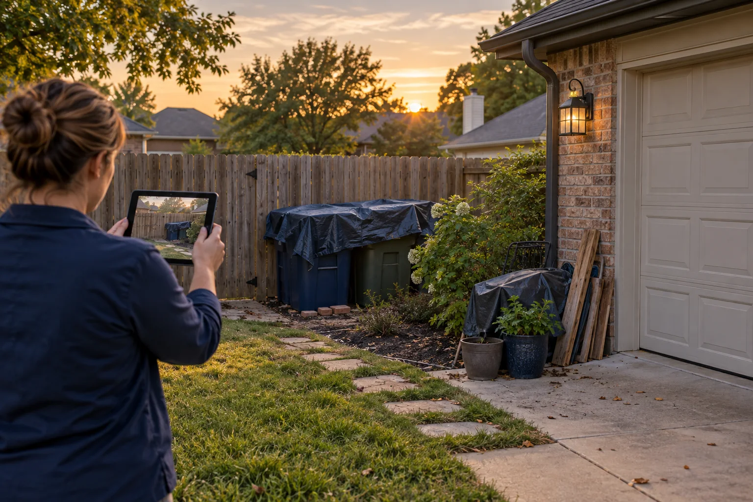 Illustration of a homeowner documenting a rear fence, covered refuse, and garage-side debris
