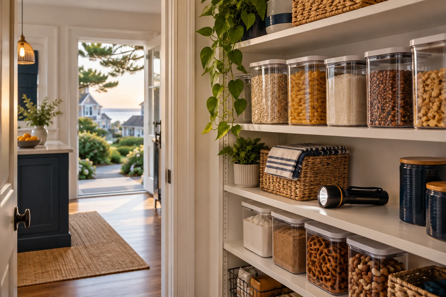 Illustration of a clean pantry with food in sealed containers and a flashlight on the shelf