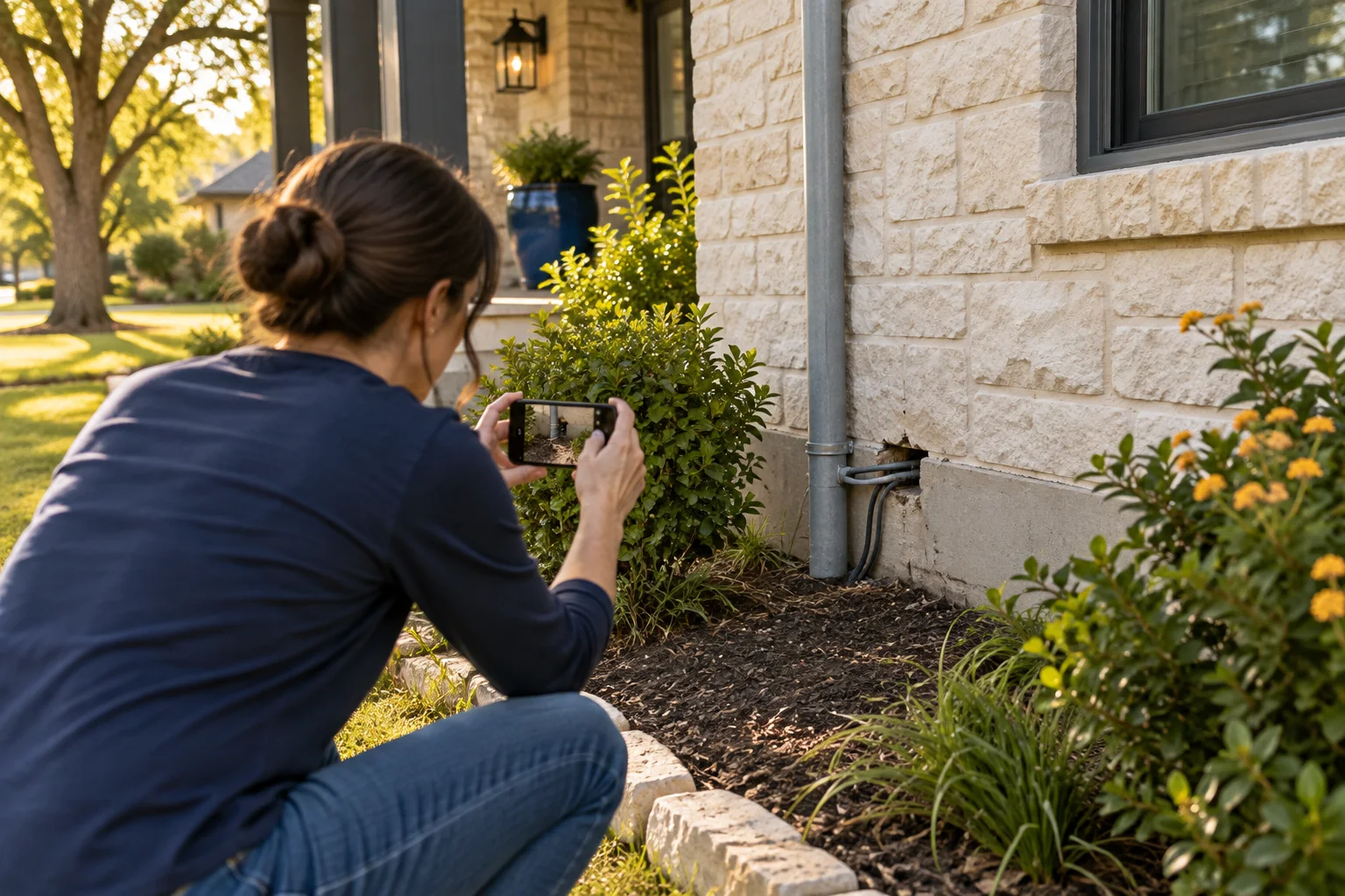 Illustration of a homeowner photographing a utility pipe gap from a safe distance outside a house
