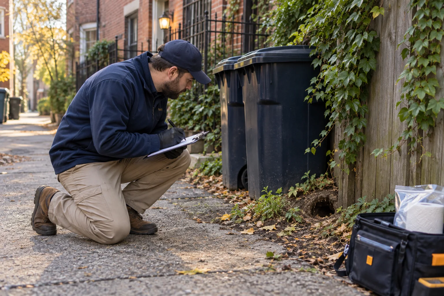 AI-generated illustration of a technician documenting an alley-side burrow near secured refuse containers