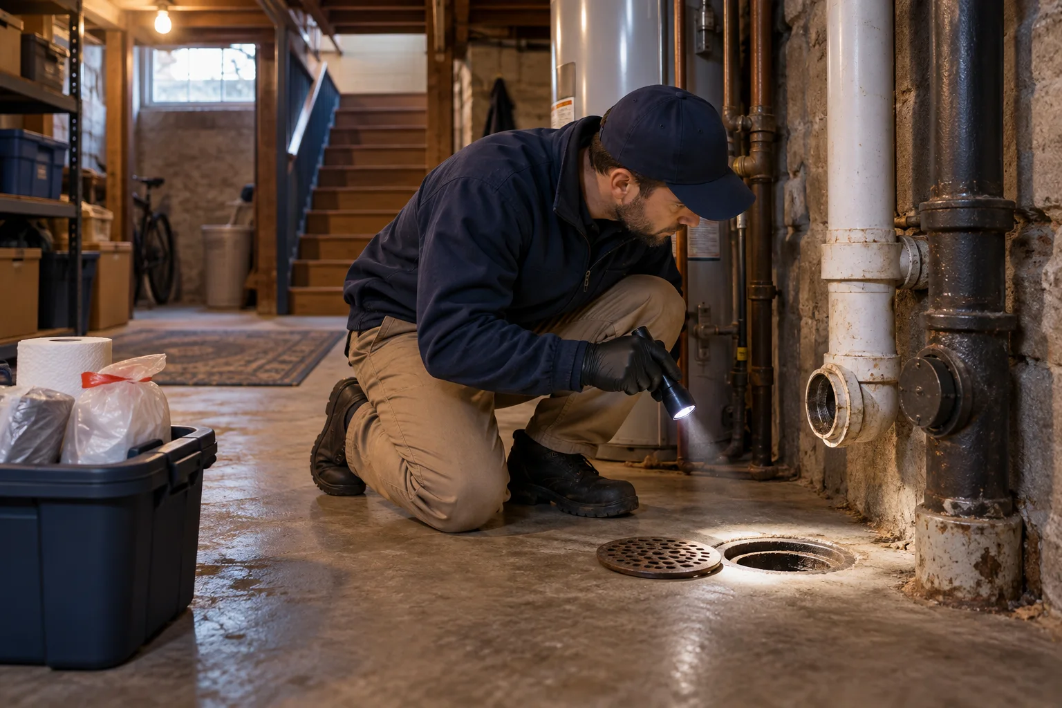 AI-generated illustration of a technician inspecting a basement drain and nearby utility-pipe opening