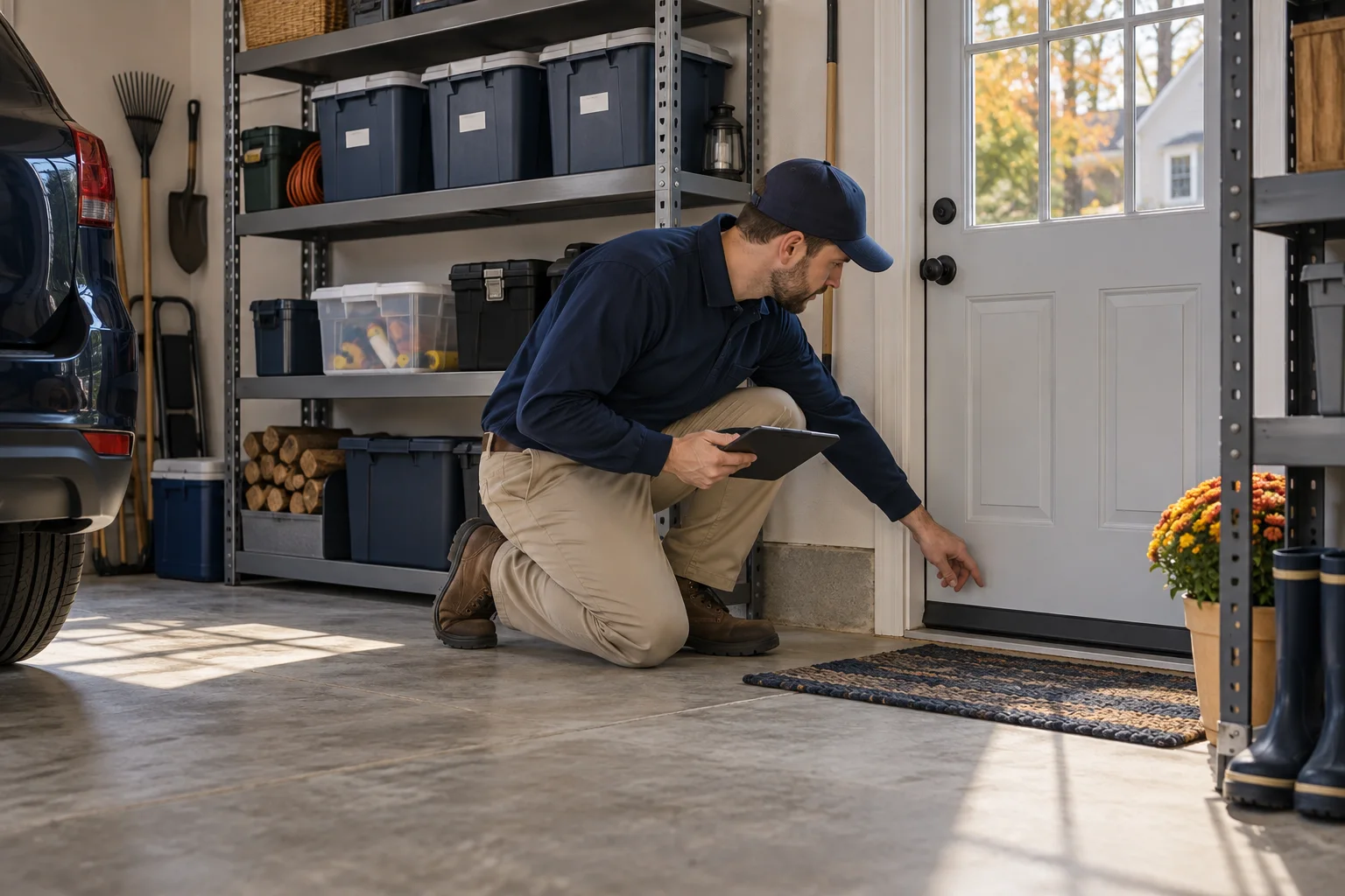 AI-generated illustration of a technician assessing organized garage storage and a closed door sweep