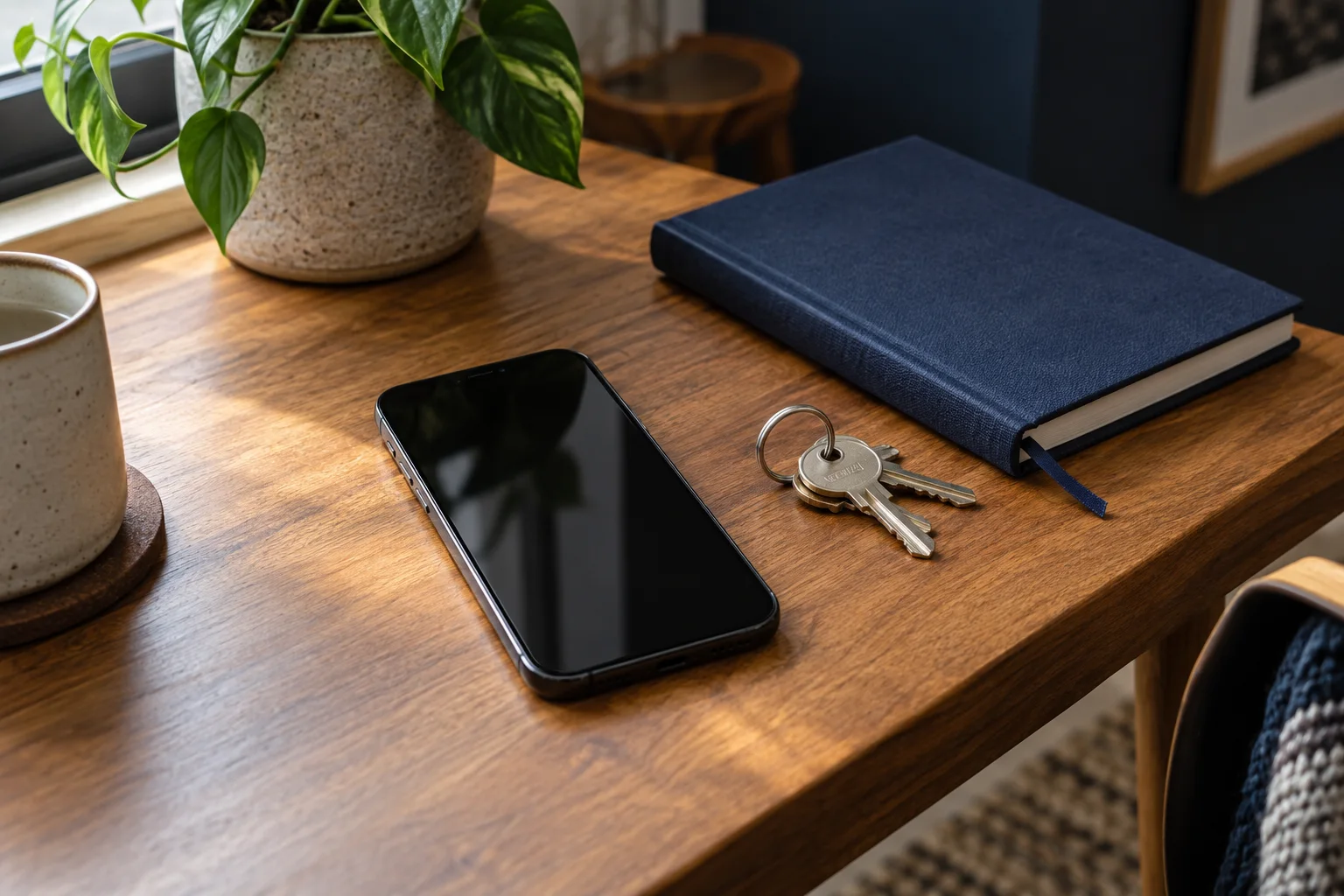 Illustration of a phone beside house keys and a blank notebook