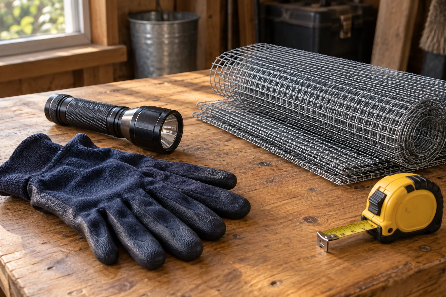 Illustration of a flashlight, protective gloves, measuring tape, and metal mesh on a workbench