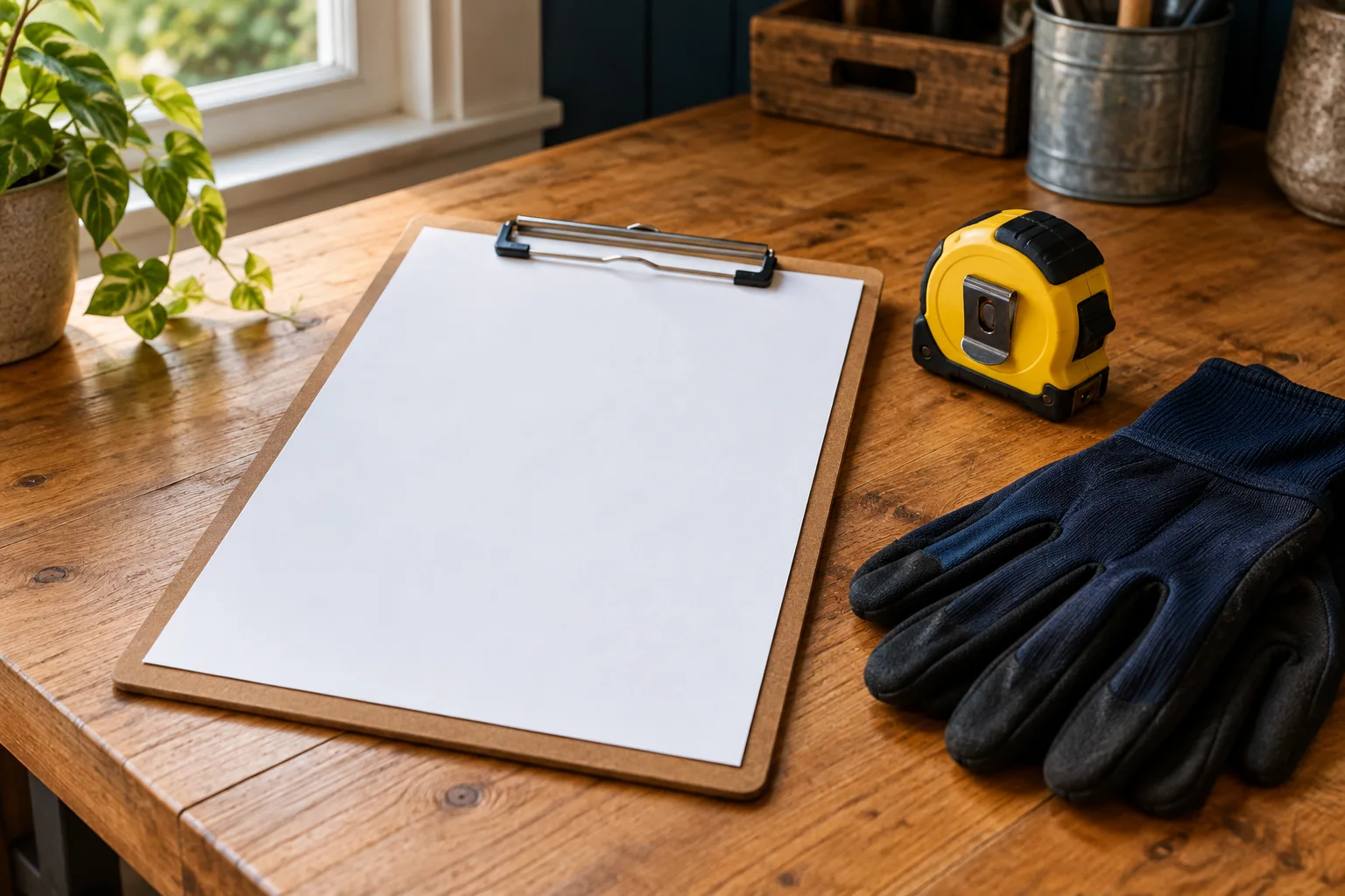 Illustration of a blank estimate clipboard, gloves, and measuring tape